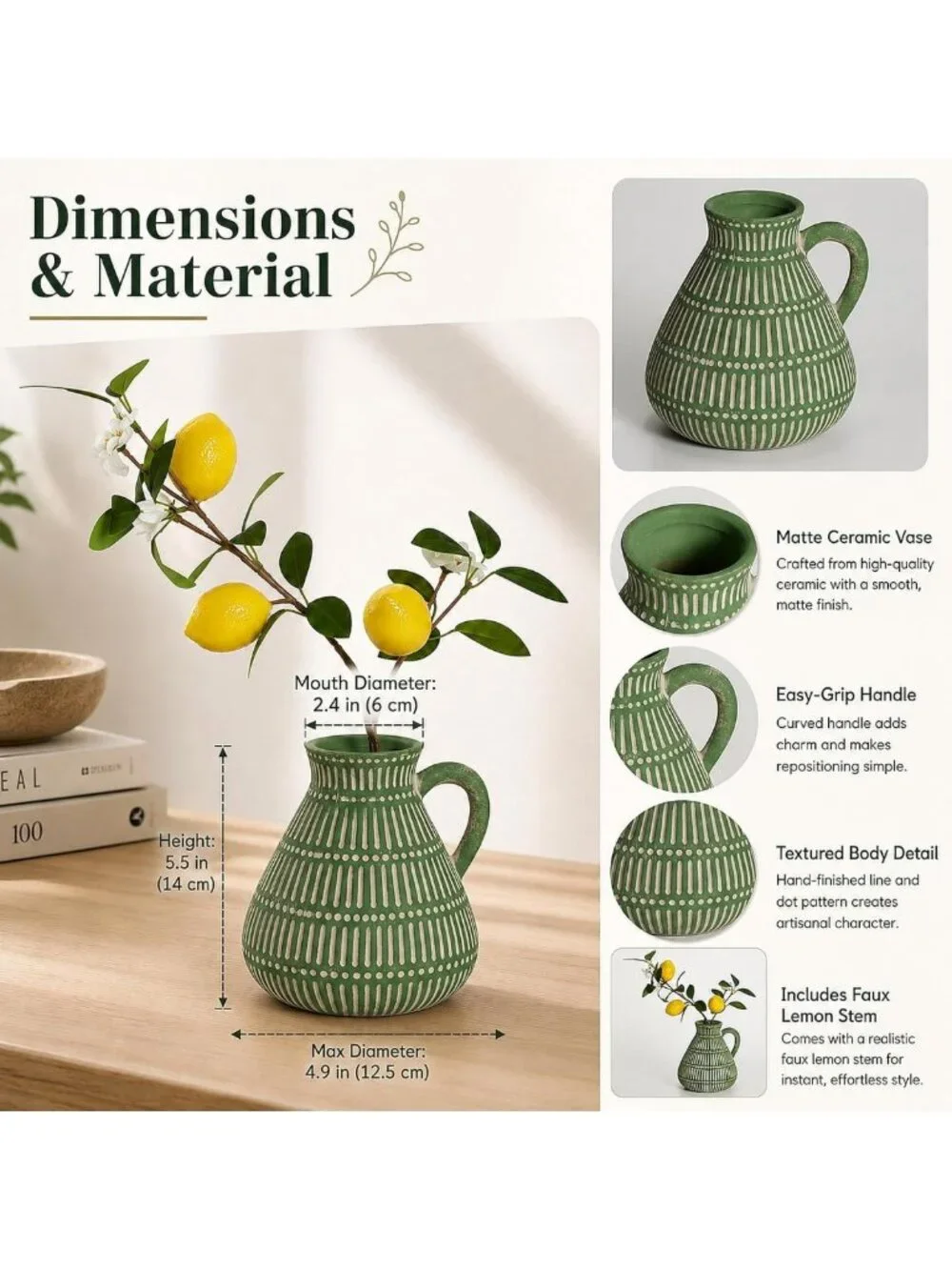 Small Green Clay Vase with Faux Lemon Branch - Charming Lemon Decor Accent
